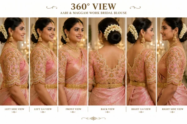 360 degree pink gold Aari bridal blouse showing front back and embroidered sleeve design
