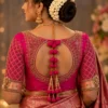 Pink gold Aari bridal blouse back view with round open back and tassels