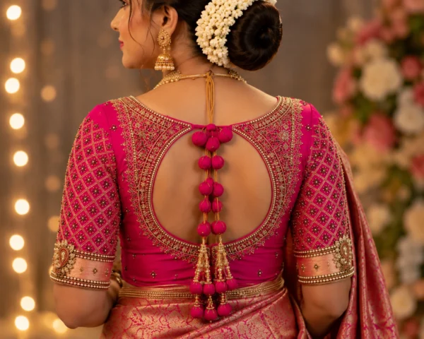 Pink gold Aari bridal blouse back view with round open back and tassels