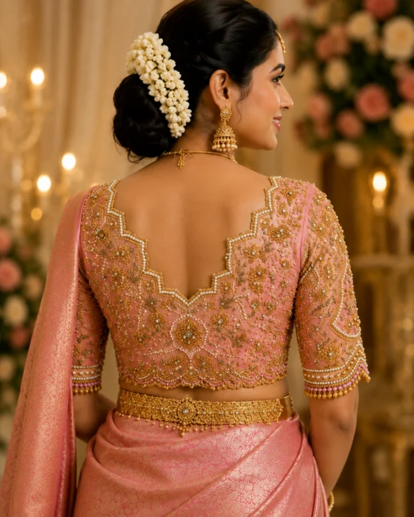 Pink gold bridal blouse back view with floral Maggam work and embellished scalloped neckline