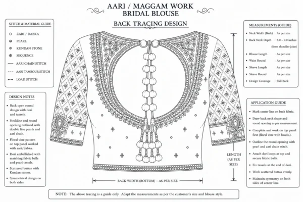 Pink gold Aari bridal blouse back view with round open back and tassels paper tracing