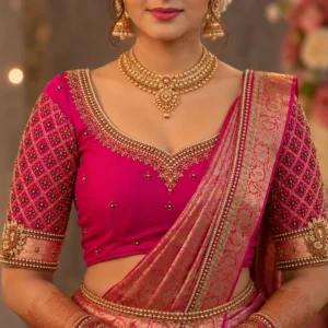 Pink and gold Aari bridal blouse front view with floral Maggam embroidery