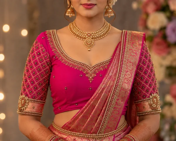 Pink and gold Aari bridal blouse front view with floral Maggam embroidery