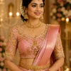 Pink gold Aari bridal blouse front view with floral Aari embroidery and designer sleeves
