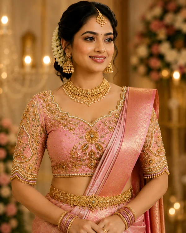 Pink gold Aari bridal blouse front view with floral Aari embroidery and designer sleeves