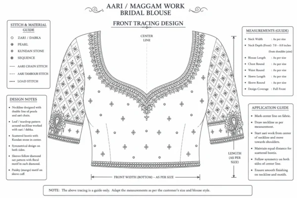 Pink and gold Aari bridal blouse front view with floral Maggam embroidery paper tracing