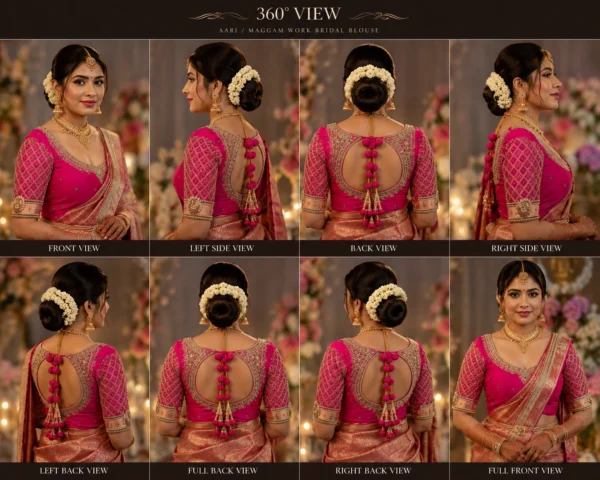 360 degree pink and gold Aari Maggam bridal blouse design