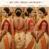 Red bridal Aari blouse 360 degree view with gold embroidery and designer sleeve work
