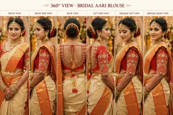 Red bridal Aari blouse 360 degree view with gold embroidery and designer sleeve work