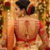 Red bridal Aari blouse back view with U neck floral Maggam embroidery and bridal latkan
