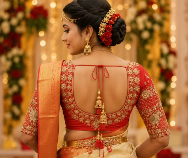 Red bridal Aari blouse back view with U neck floral Maggam embroidery and bridal latkan