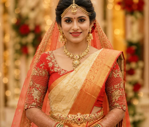 Red bridal Aari blouse front view with antique gold floral embroidery and Maggam work