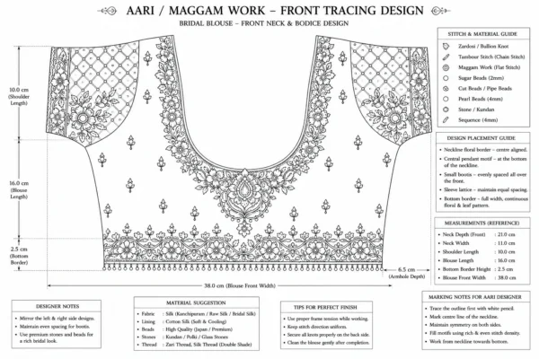 Red bridal Aari blouse front paper tracing design for Aari embroidery