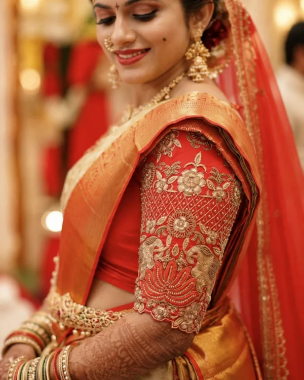 Red bridal Aari blouse sleeve with floral embroidery lattice beads and Maggam work