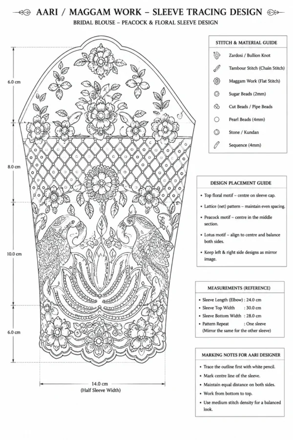 Red bridal Aari blouse sleeve paper tracing blueprint for embroidery designer