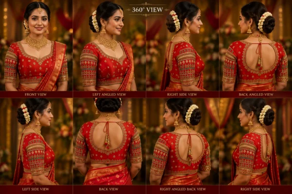 360 degree red gold bridal Aari blouse with detailed sleeves and Maggam Work