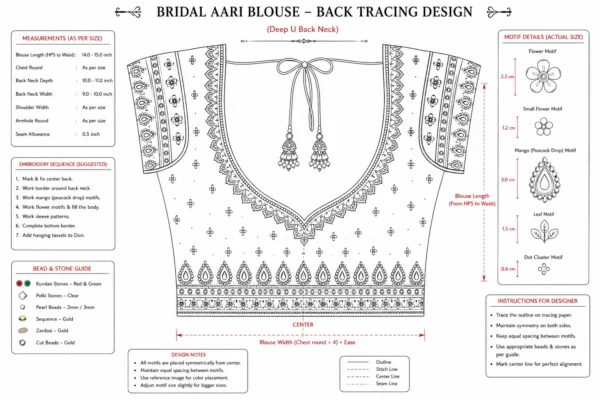Red gold bridal Aari blouse back view with deep U neck and gold embroidery paper tracing