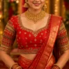 Red gold bridal Aari blouse front view with floral Kundan and mango embroidery