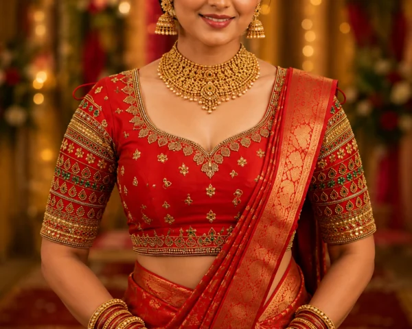 Red gold bridal Aari blouse front view with floral Kundan and mango embroidery