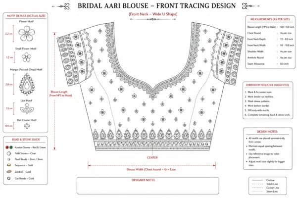 Red gold bridal Aari blouse front view with floral Kundan and mango embroidery paper tracing