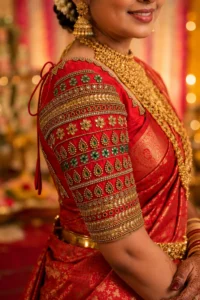 Red bridal blouse sleeve with gold Aari embroidery, green Kundan and mango motif