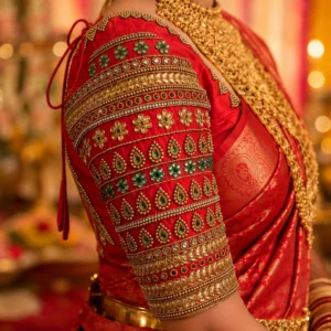 Red bridal blouse sleeve with gold Aari embroidery, green Kundan and mango motif