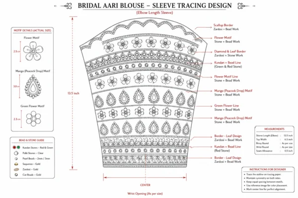 Red bridal blouse sleeve with gold Aari embroidery, green Kundan and mango motif paper tracing
