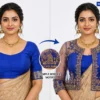 Royal Blue Temple Heritage Invisible Aari Jacket with transparent organza, handcrafted South Indian temple Aari embroidery and detachable bridal designer jacket.