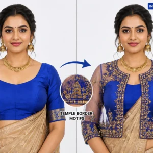 Royal Blue Temple Heritage Invisible Aari Jacket with transparent organza, handcrafted South Indian temple Aari embroidery and detachable bridal designer jacket.