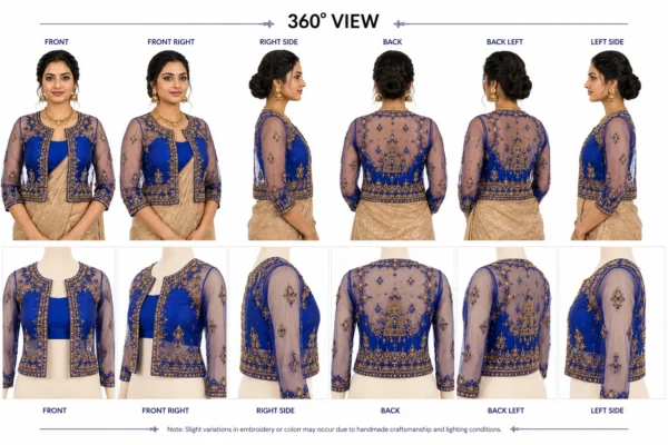 Royal Blue Temple Heritage Invisible Aari Jacket with transparent organza, handcrafted South Indian temple Aari embroidery and detachable bridal designer jacket 360 view