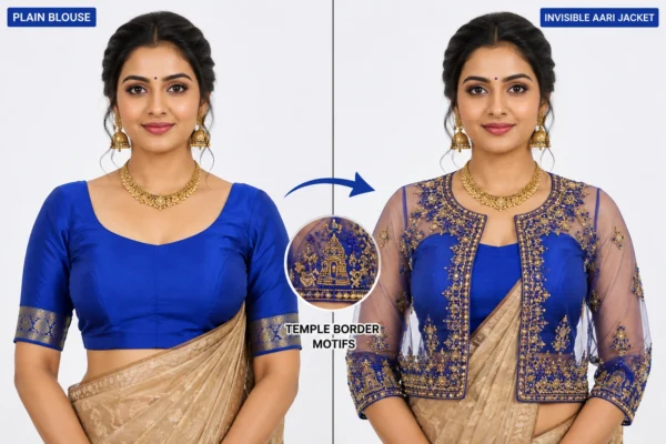 Royal Blue Temple Heritage Invisible Aari Jacket with transparent organza, handcrafted South Indian temple Aari embroidery and detachable bridal designer jacket.