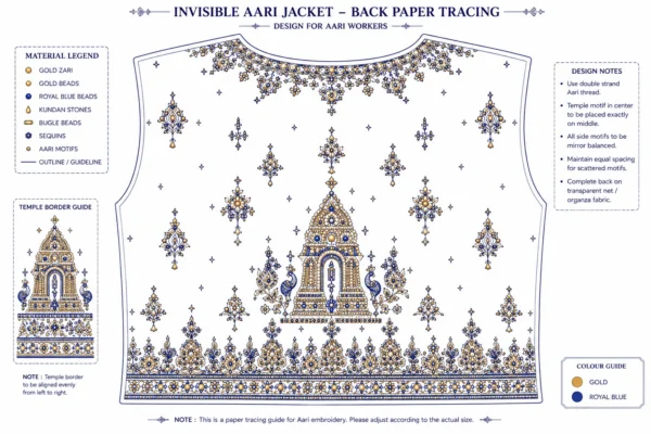 Royal Blue Temple Heritage Invisible Aari Jacket with transparent organza, handcrafted South Indian temple Aari embroidery and detachable bridal designer jacket back paper tracing