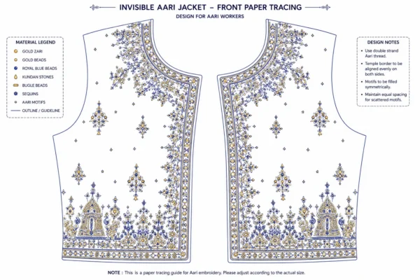 Royal Blue Temple Heritage Invisible Aari Jacket with transparent organza, handcrafted South Indian temple Aari embroidery and detachable bridal designer jacket front paper tracing