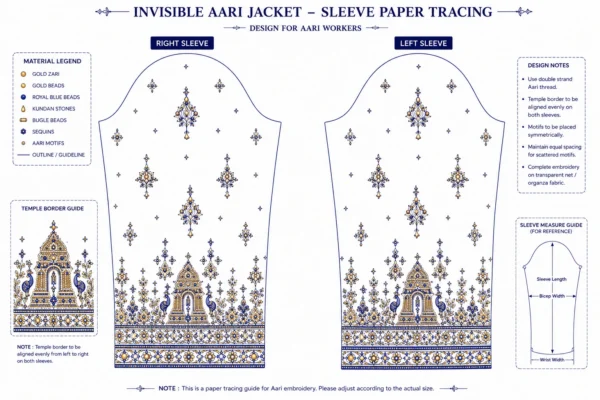 Royal Blue Temple Heritage Invisible Aari Jacket with transparent organza, handcrafted South Indian temple Aari embroidery and detachable bridal designer jacket sleeve paper tracing
