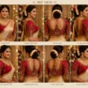 360-degree view of Royal Crimson Temple Couple Bridal Aari Blouse showcasing front, back and sleeve Aari embroidery with luxury bridal craftsmanship