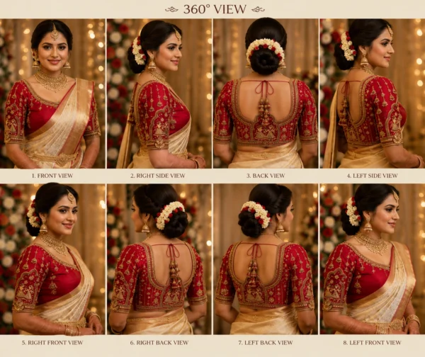 360-degree view of Royal Crimson Temple Couple Bridal Aari Blouse showcasing front, back and sleeve Aari embroidery with luxury bridal craftsmanship