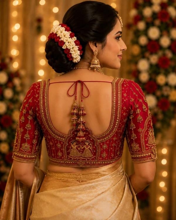Back view of Royal Crimson Temple Couple Bridal Aari Blouse with deep U-neck, temple couple embroidery and premium Aari work