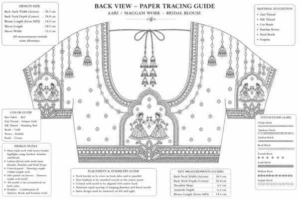 Back view of Royal Crimson Temple Couple Bridal Aari Blouse with deep U-neck, temple couple embroidery and premium Aari work paper tracing