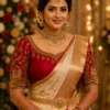 Royal Crimson Temple Couple Bridal Aari Blouse front view featuring handcrafted Maggam Work, temple arch embroidery and hanging jhumka motifs