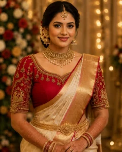 Royal Crimson Temple Couple Bridal Aari Blouse front view featuring handcrafted Maggam Work, temple arch embroidery and hanging jhumka motifs
