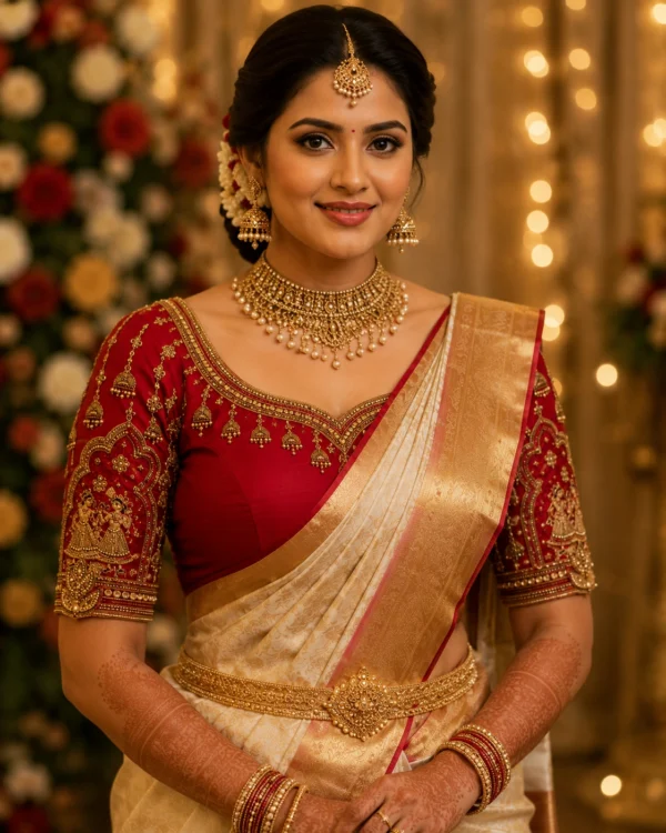 Royal Crimson Temple Couple Bridal Aari Blouse front view featuring handcrafted Maggam Work, temple arch embroidery and hanging jhumka motifs