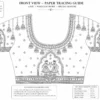 Royal Crimson Temple Couple Bridal Aari Blouse front view featuring handcrafted Maggam Work, temple arch embroidery and hanging jhumka motifs paper tracing