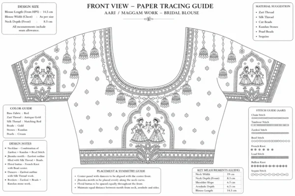 Royal Crimson Temple Couple Bridal Aari Blouse front view featuring handcrafted Maggam Work, temple arch embroidery and hanging jhumka motifs paper tracing