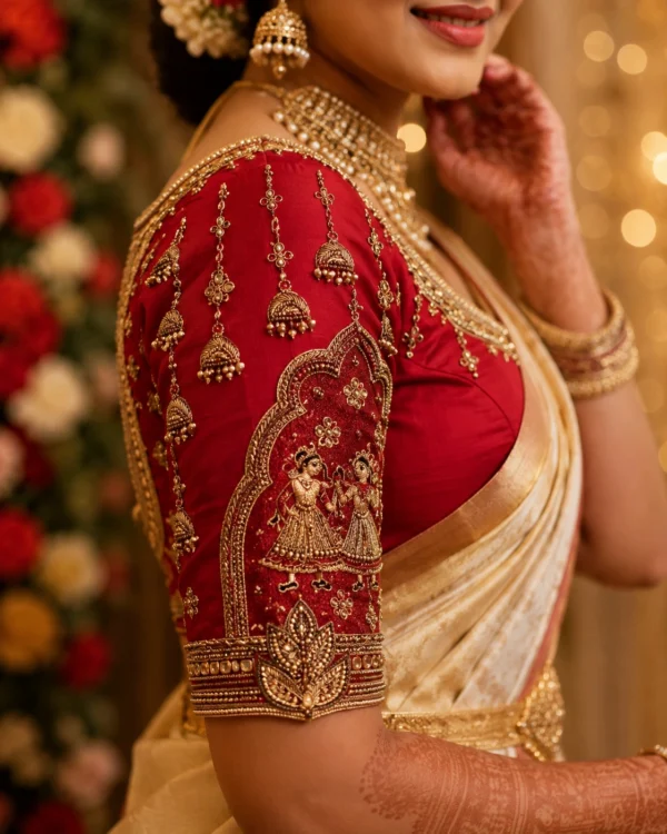 Royal Crimson Bridal Aari Blouse sleeve with dancing couple motif, temple arch embroidery and hanging jhumka Maggam Work