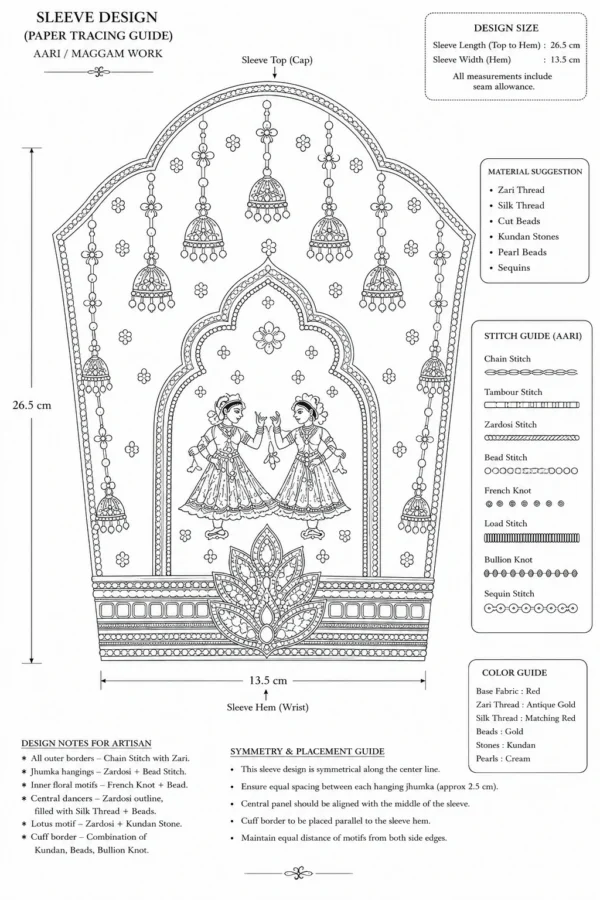 Royal Crimson Bridal Aari Blouse sleeve with dancing couple motif, temple arch embroidery and hanging jhumka Maggam Work paper tracing