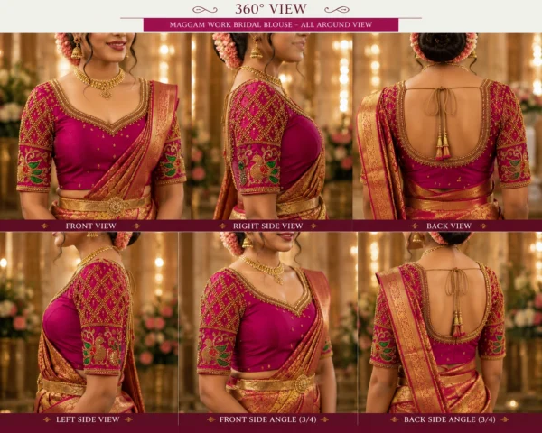 Royal magenta bridal Aari blouse 360 degree view showing front side and back embroidery