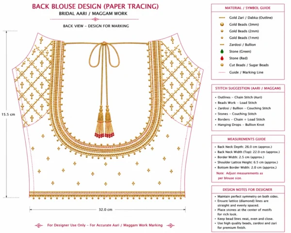 Royal magenta bridal Aari blouse back view with embellished U neck and gold beadwork