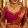 Royal magenta bridal Aari blouse front view with gold beadwork and peacock sleeve embroidery