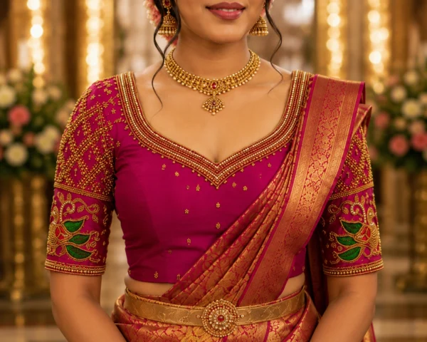 Royal magenta bridal Aari blouse front view with gold beadwork and peacock sleeve embroidery