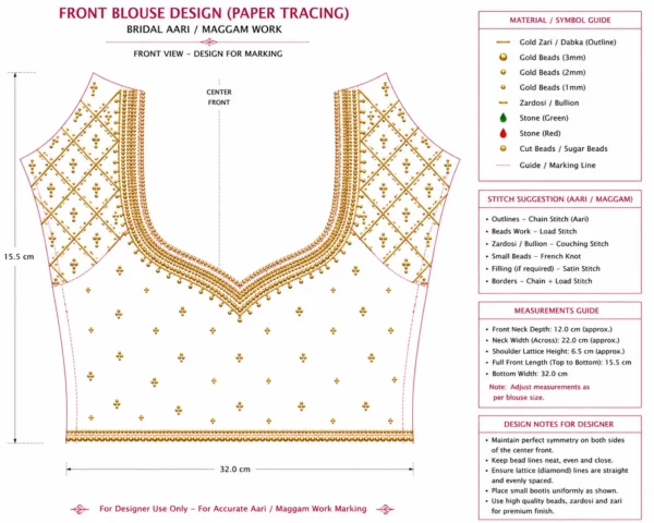 Royal magenta bridal Aari blouse front view with gold beadwork and peacock sleeve embroidery paper tracing